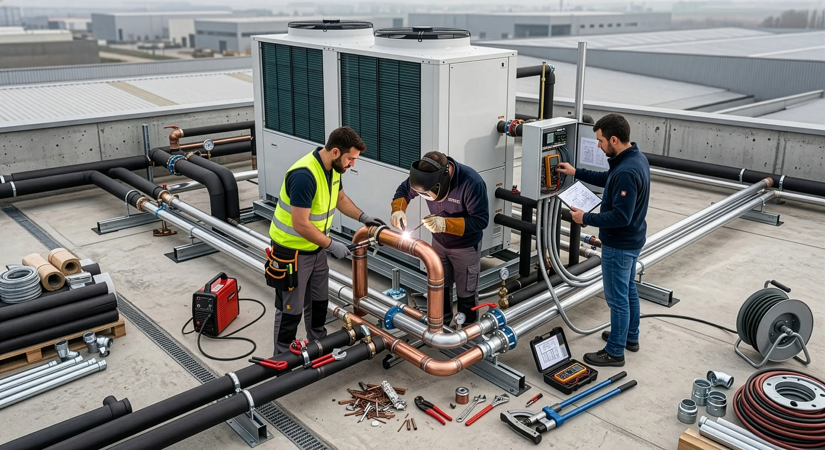 Técnicos realizando la conexión hidráulica de las bombas de calor